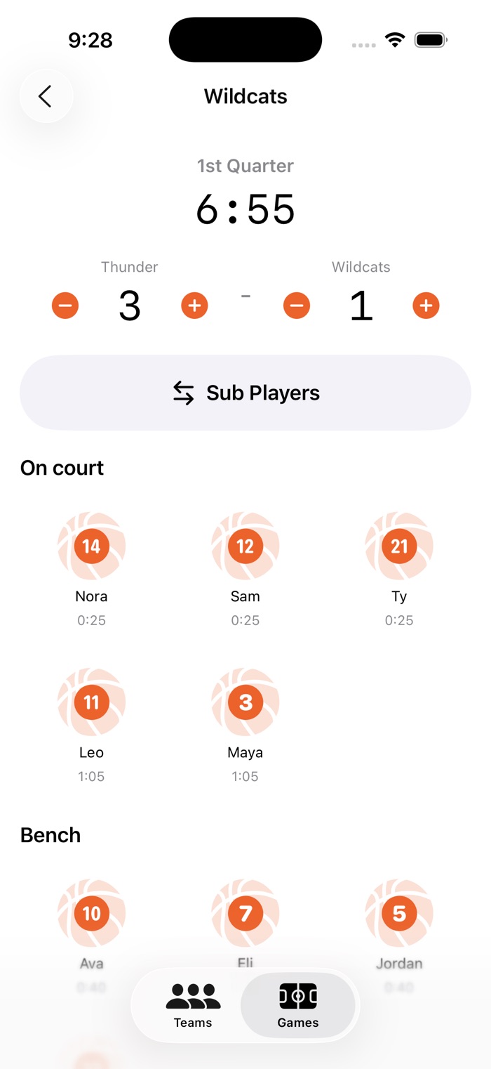 Live game clock with players on court and their minutes