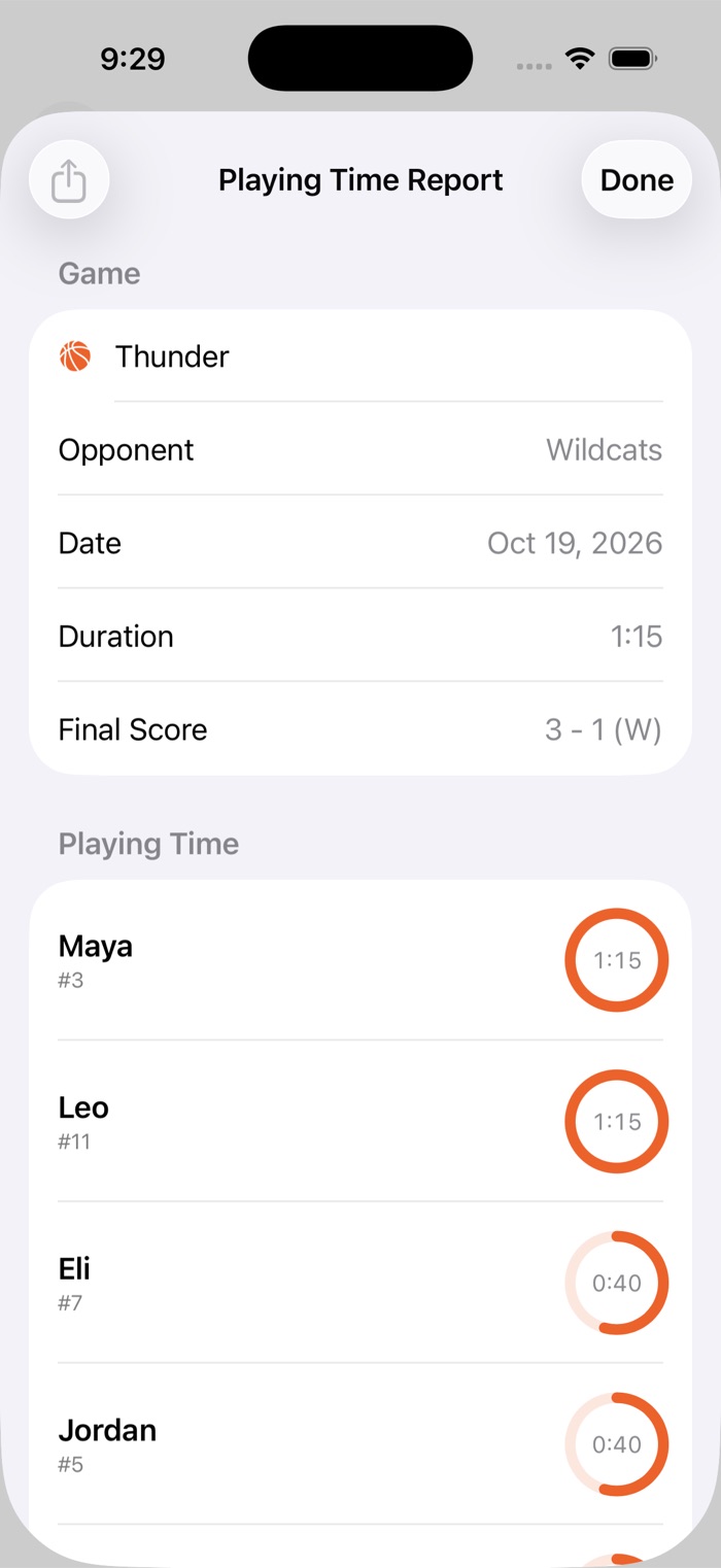 Coach Assist playing time report showing minutes for each player
