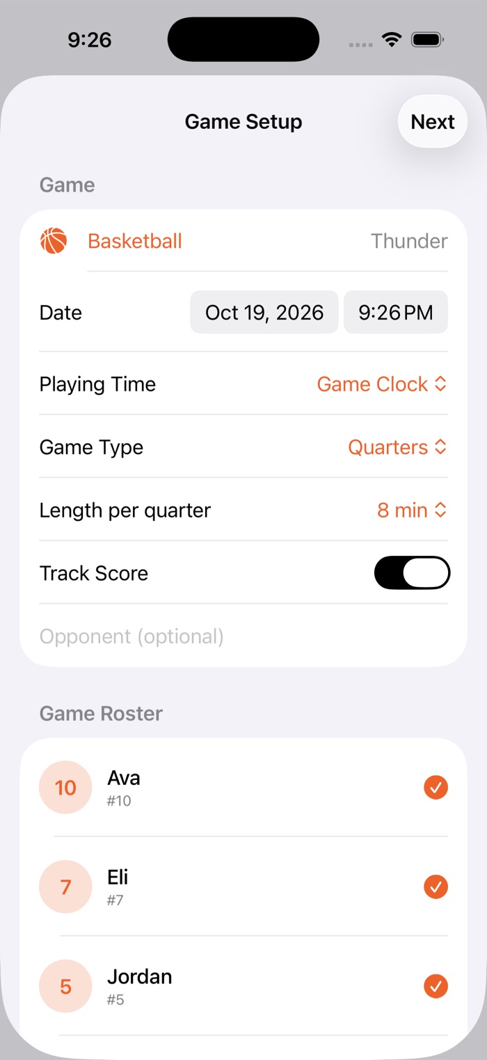 Game setup screen with sport, date, quarter length and roster