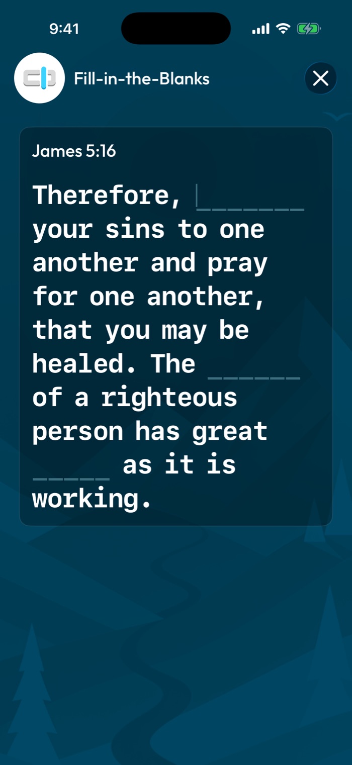 Within Fill-in-the-Blanks game practicing James 5:16