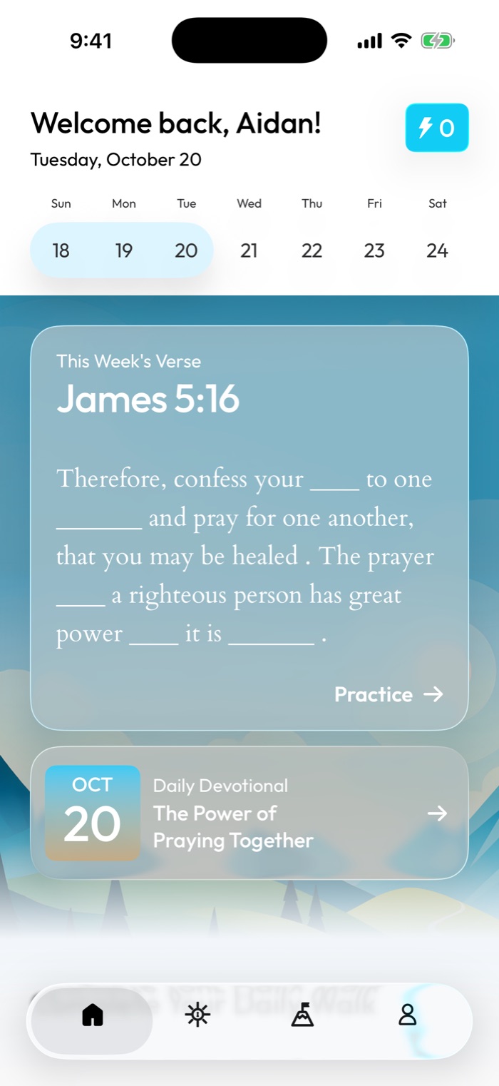 Within home screen with this week's verse and the daily devotional